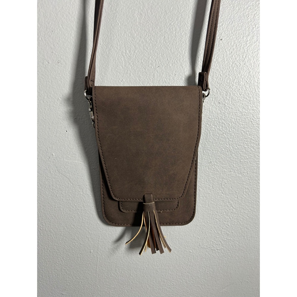 Brown Faux Leather Tassel Phone Crossbody Bag With Clear Window‎ Pocket